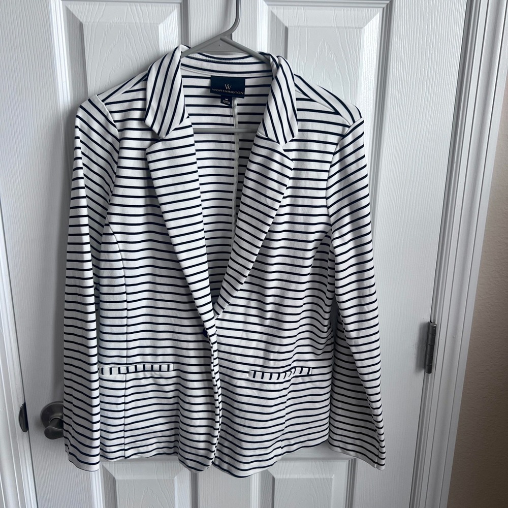 Worthington Womens Striped Blazer Jacket Black White Classic Business Casual M